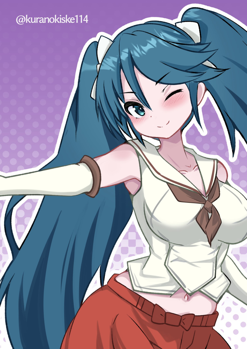 1girl, brown_neckerchief, detached_sleeves, gradient_background, green_eyes, green_hair, hair_ribbon, highres, isuzu_(kancolle), isuzu_kai_ni_(kancolle), kantai_collection, kurano_kisuke, neckerchief, one-hour_drawing_challenge, one_eye_closed, purple_background, red_skirt, ribbon, sailor_collar, school_uniform, serafuku, shirt, skirt, sleeveless, sleeveless_shirt, smile, solo, twintails, twitter_username, white_sailor_collar, white_shirt