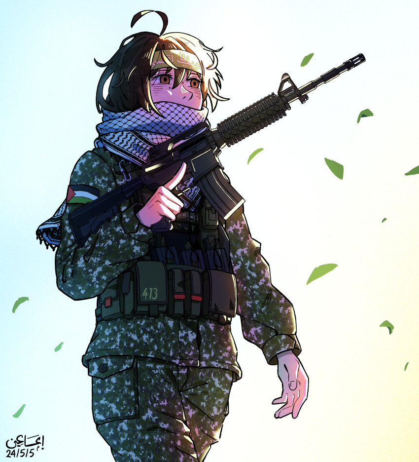 1boy, absurdres, ar-15, backlighting, brown_eyes, brown_hair, bulletproof_vest, chest_rig