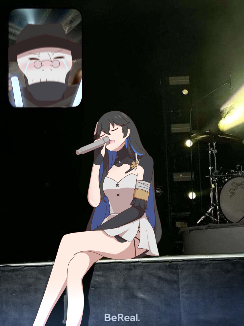 1boy, 1girl, absurdres, bare_arms, bereal, black_gloves, black_hair, blue_hair