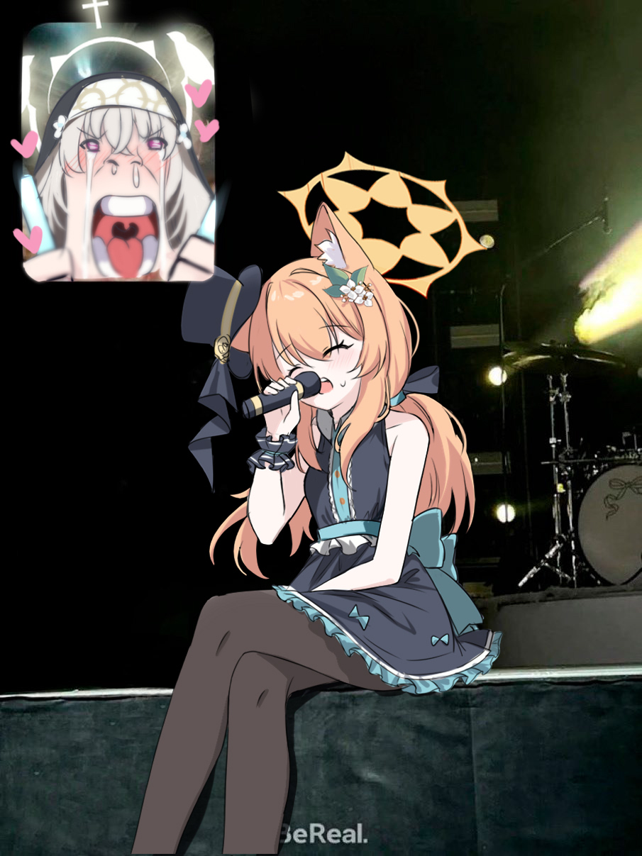 2girls, animal_ears, black_dress, black_hat, black_pantyhose, blue_archive, blush, cat_ears, character_request, check_character, closed_eyes, commentary, concert, crossed_legs, dress, drum, drum_set, fan_screaming_at_madison_beer_(meme), feet_out_of_frame, halo, hashtag-only_commentary, hat, heart, highres, holding, holding_glowstick, holding_microphone, inset, instrument, long_hair, mari_(blue_archive), meme, microphone, multiple_girls, music, open_mouth, orange_hair, orange_halo, pantyhose, photo_background, rinringyo, sakurako_(blue_archive), screaming, short_dress, singing, sitting, sleeveless, sleeveless_dress, small_sweatdrop, snot, tears, top_hat, wrist_cuffs