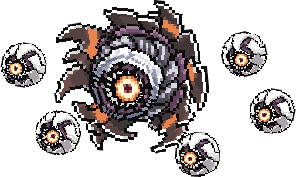 ameya_(pixiv_35786714), digimon, eater_(digimon), eater_bit, floating, flying, glowing, glowing_eye, lowres, monster, no_humans, one-eyed, orb, petals, pokemon, yellow_eyes