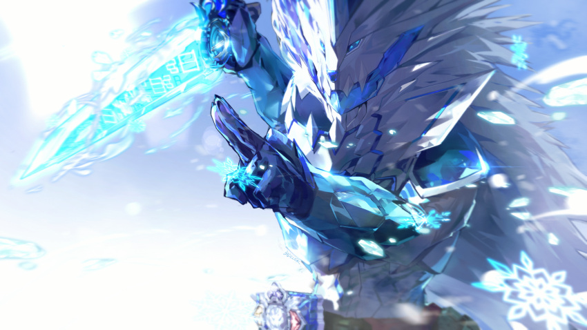 1boy, absurdres, animal_helmet, armor, badluck, belt, blizzard, blue_eyes