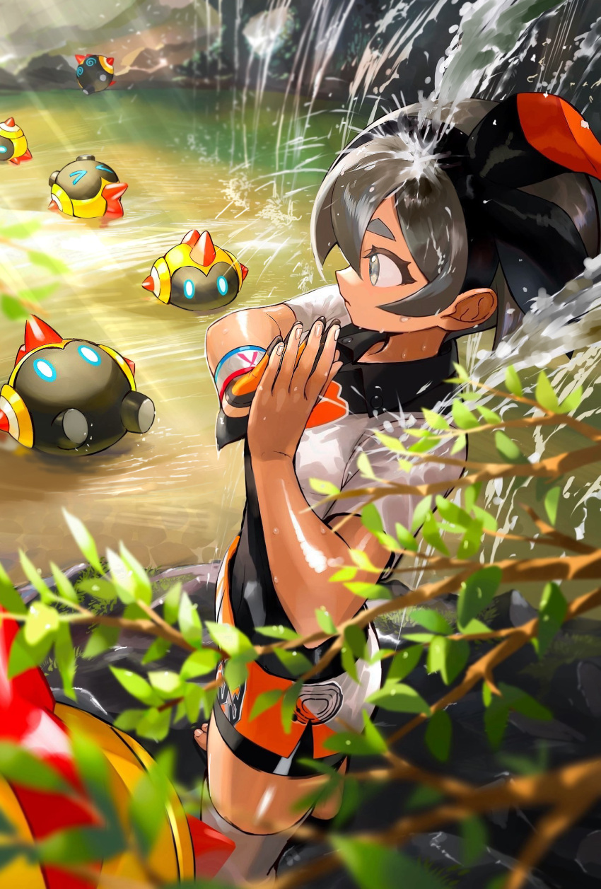 1girl, barefoot, bea_(pokemon), black_bodysuit, black_hairband, bodysuit, bodysuit_under_clothes, bow_hairband
