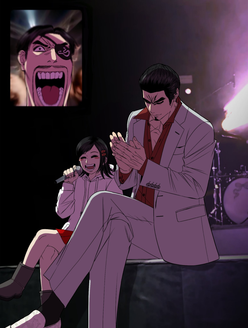 1girl, 2boys, black_hair, black_socks, boots, cdtxufre, clapping, english_commentary