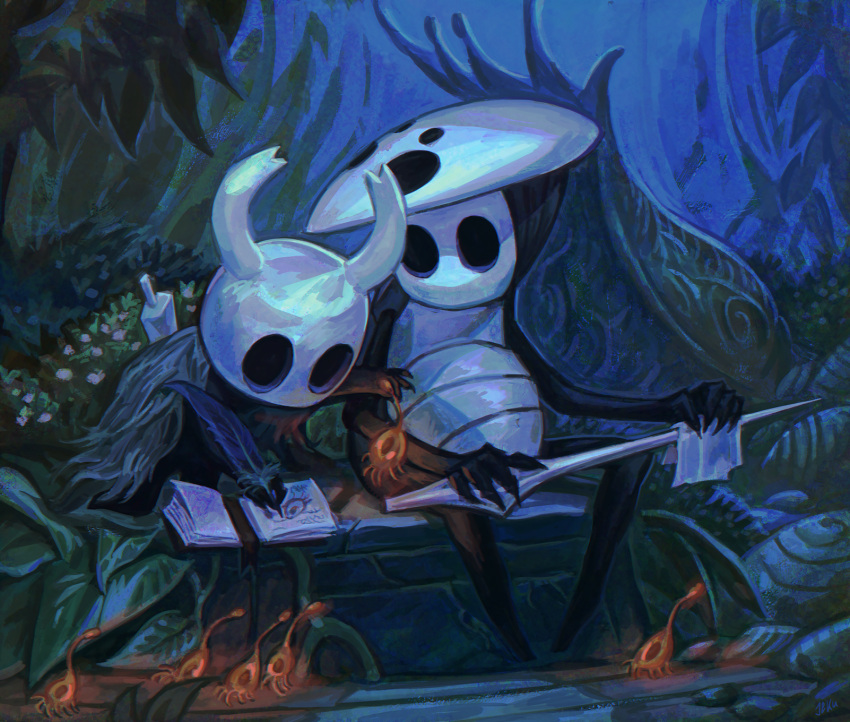 1boy, 1other, black_cloak, book, bug, cloak, commentary, english_commentary, full_body, highres, holding, holding_rag, hollow_knight, jekutoda, knight_(hollow_knight), leaf, looking_at_another, mask, mask_on_head, open_book, outdoors, polishing, quirrel, shell, sitting, sword, sword_behind_back, weapon, white_mask, writing