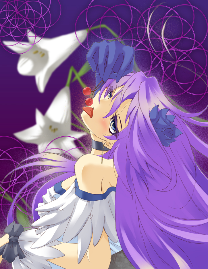 bare_shoulders, blue_eyes, bow, breasts, cherry, cure_moonlight, dress, earrings