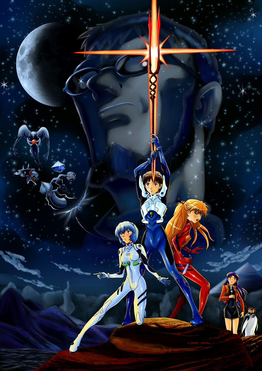 2boys, 3girls, angel_(evangelion), arael, ayanami_rei, bare_legs, bird, black_dress, blue_bodysuit, blue_hair, bodysuit, brown_hair, clouds, dress, highres, ikari_gendou, ikari_shinji, jacket, katsuragi_misato, leliel_(evangelion), light_blue_hair, long_hair, long_sleeves, looking_at_viewer, looking_back, lord--opal, monster, moon, multiple_boys, multiple_girls, neon_genesis_evangelion, night, night_sky, orange_hair, outdoors, parody, parted_bangs, penguin, penpen, plugsuit, purple_hair, red_bodysuit, red_eyes, red_jacket, sachiel_(evangelion), short_dress, short_hair, sky, souryuu_asuka_langley, standing, star_(sky), star_wars, star_wars:_a_new_hope, starry_sky, straight_hair, style_parody, white_bodysuit, zeruel_(evangelion)