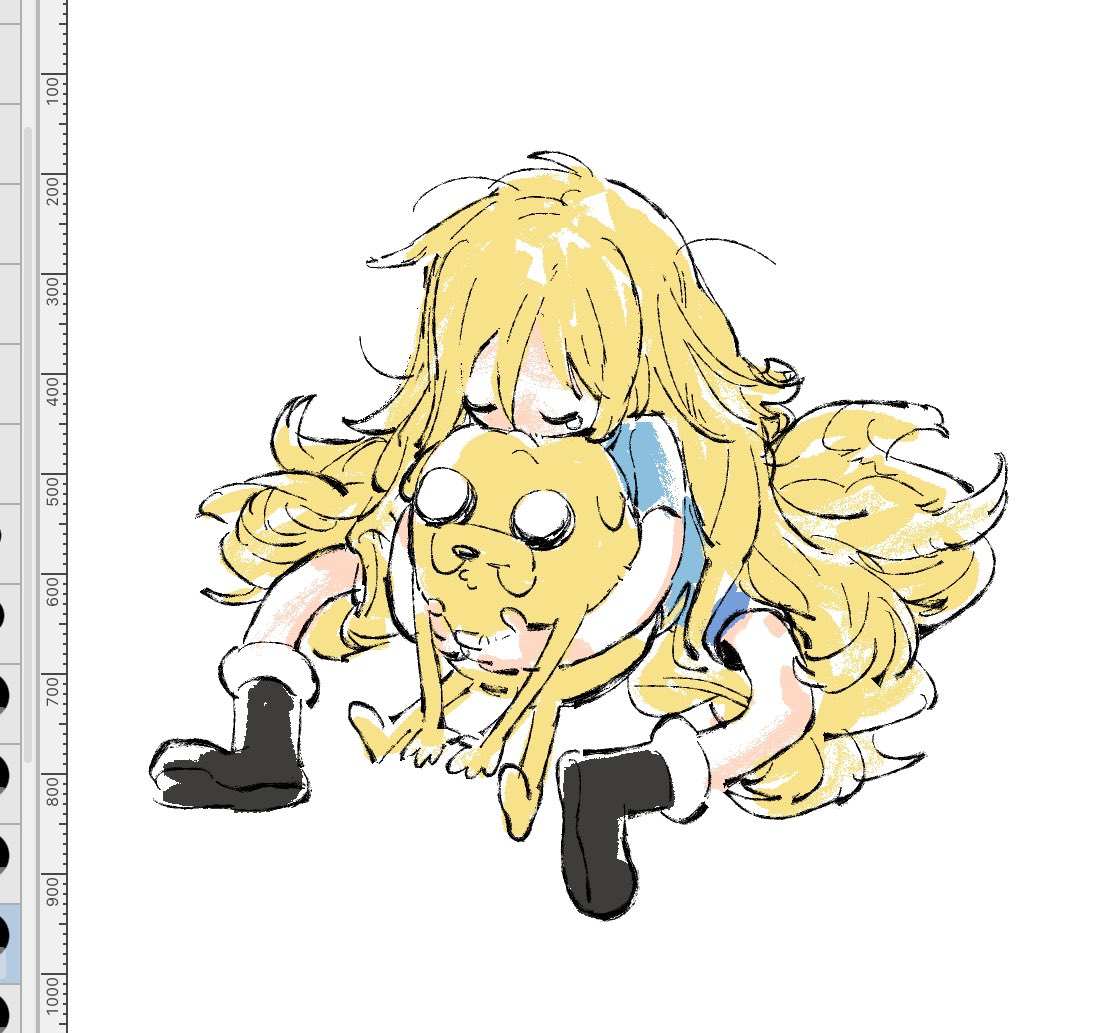 2boys, adventure_time, art_program_in_frame, black_footwear, blonde_hair, blue_shirt, blue_shorts, boots