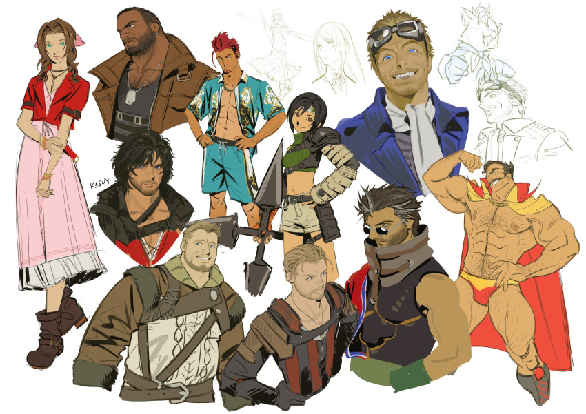 4girls, 6+boys, aerith_gainsborough, aqua_shirt, aqua_shorts, armor, artist_name, ascot