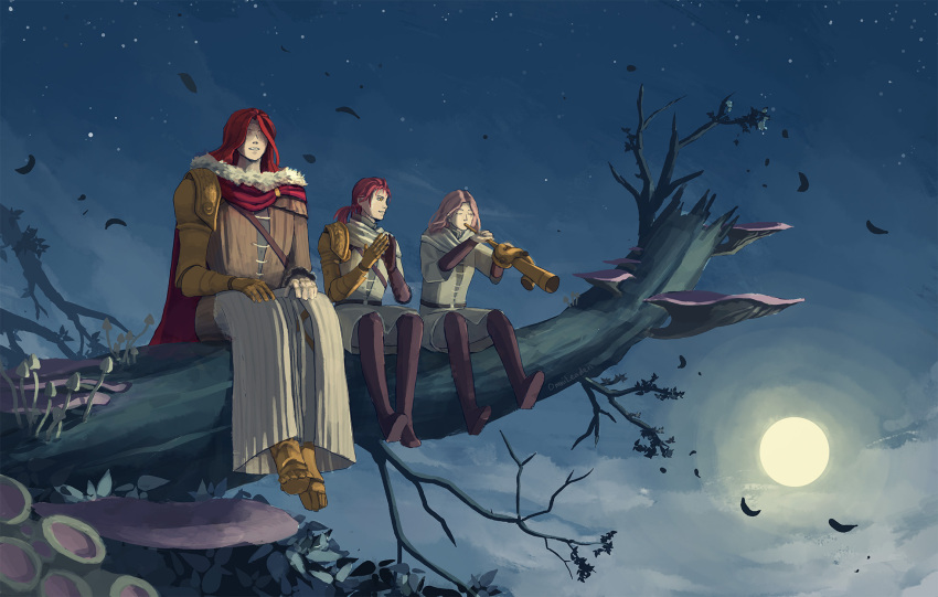 3girls, amputee, armor, cape, closed_eyes, dress, elden_ring, gold_armor