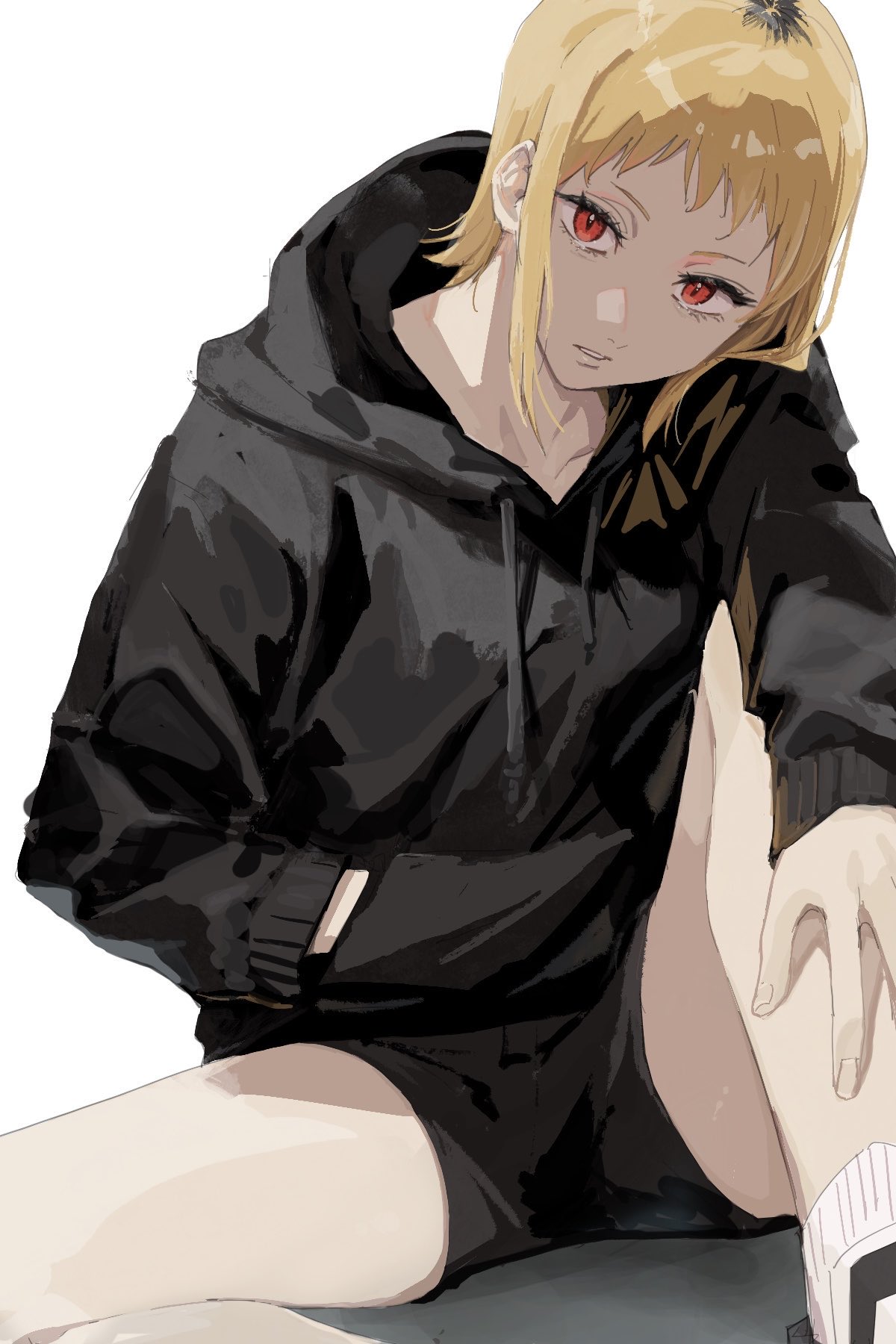 1girl, black_hair, black_hoodie, black_shorts, black_sweater, blonde_hair, chainsaw_man, commentary_request