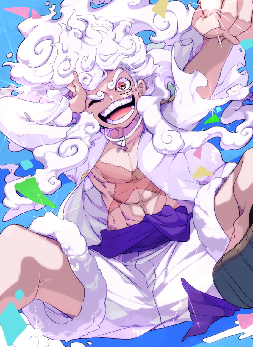 1boy, abs, bare_pectorals, blue_background, clenched_hand, commentary_request, confetti, frilled_sleeves