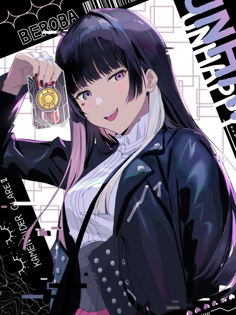 1girl, beroba_(kamen_rider_geats), black_hair, black_jacket, blunt_bangs, breasts, brown_nails, character_name