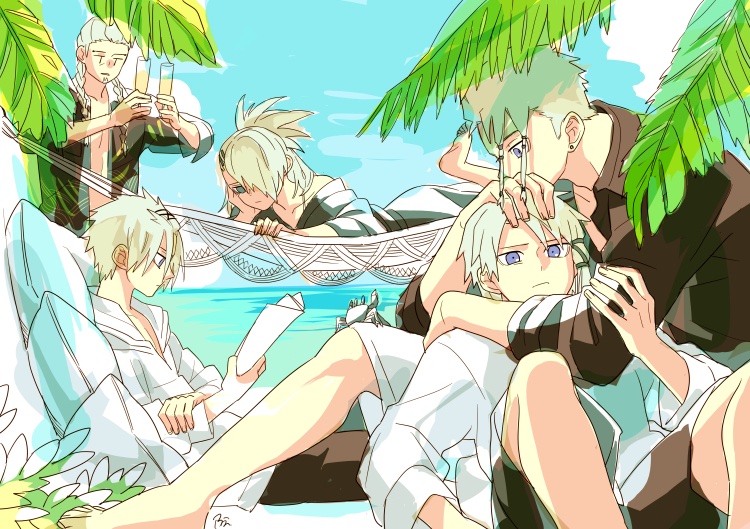 1girl, 4boys, barefoot, beach, blonde_hair, braid, brother_and_sister, brothers, earrings, facial_hair, fenike888, glass, goatee, hair_ornament, hair_over_one_eye, hairclip, hammock, hood, hoodie, hug, jewelry, kagurabachi, long_hair, multiple_boys, ocean, reading, sazanami_hakuri, sazanami_soya, siblings, stud_earrings, twin_braids, violet_eyes, water