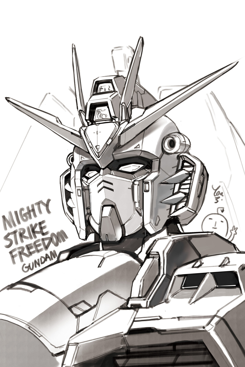 absurdres, character_name, commentary_request, greyscale, gundam, gundam_seed, gundam_seed_freedom, highres