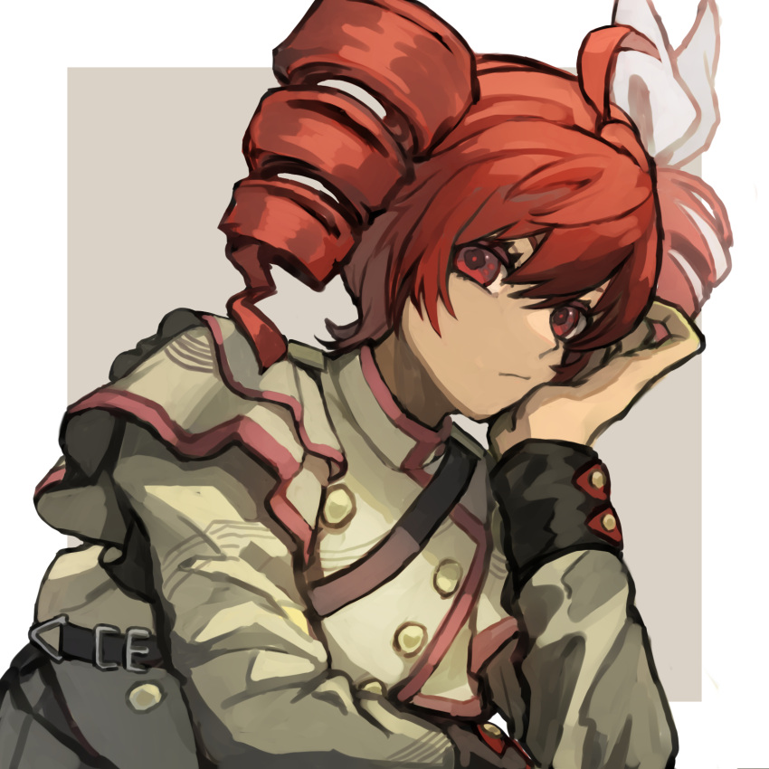 1girl, ahoge, ameiro_tamanegi, buttons, closed_mouth, commentary_request, double-breasted, drill_hair, grey_jacket, hair_between_eyes, hair_ribbon, head_rest, highres, jacket, kasane_teto, kasane_teto_(sv), long_sleeves, pink_trim, red_eyes, redhead, ribbon, sleeve_cuffs, solo, synthesizer_v, twin_drills, upper_body, utau, white_ribbon