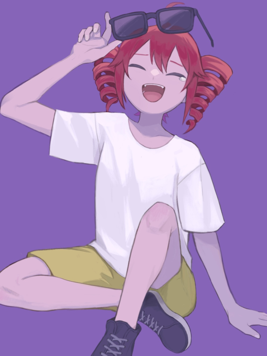 1girl, ahoge, ameiro_tamanegi, black_footwear, closed_eyes, commentary_request, drill_hair, highres