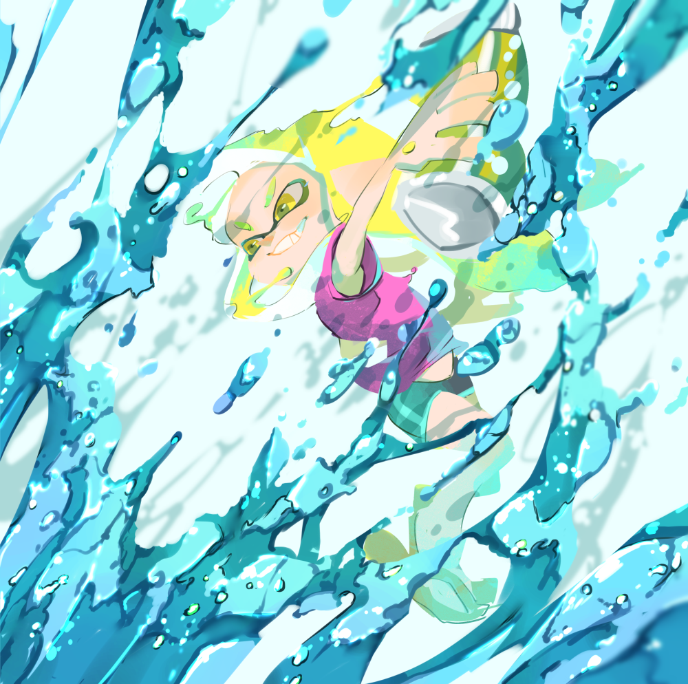 1girl, bike_shorts, black_shorts, blonde_hair, fizzy_bomb_(splatoon), grin, holding, inkling