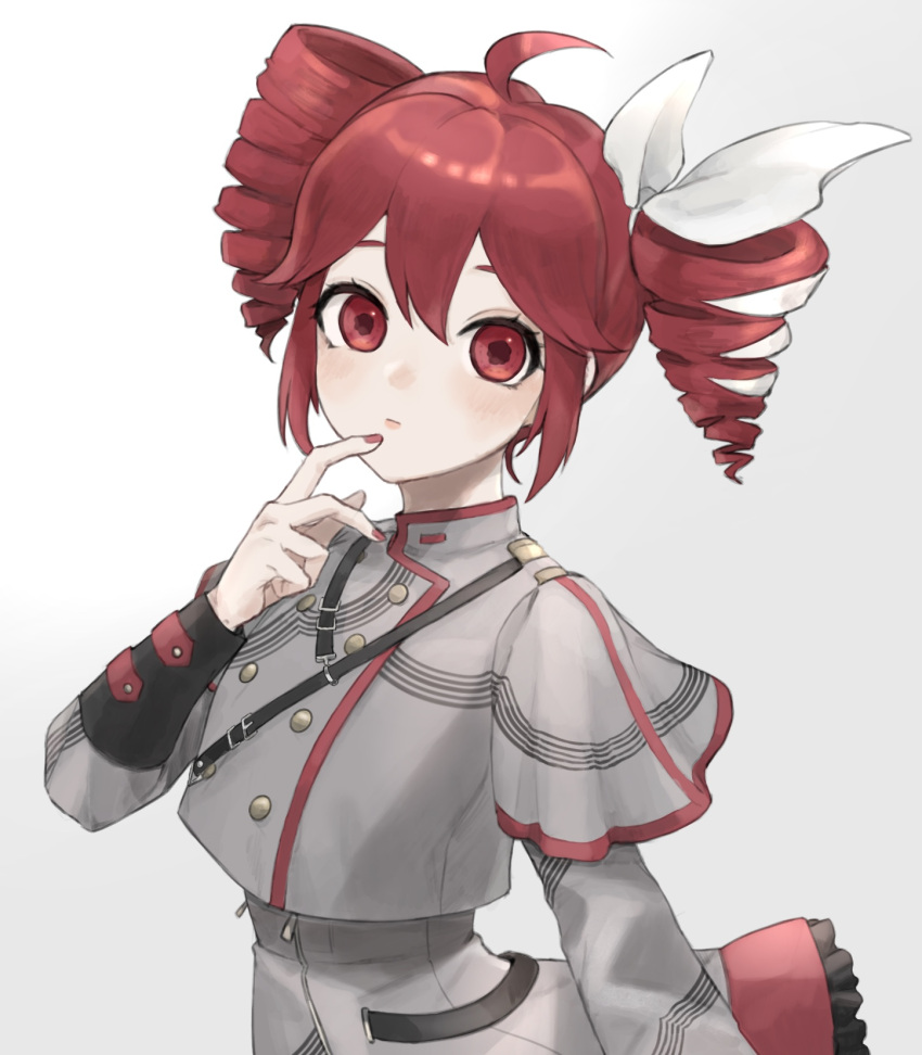 1girl, ahoge, ameiro_tamanegi, buttons, closed_mouth, commentary_request, cowboy_shot, double-breasted, drill_hair, flat_chest, grey_background, grey_jacket, grey_skirt, hair_between_eyes, hair_ribbon, highres, jacket, kasane_teto, kasane_teto_(sv), long_sleeves, pleated_skirt, red_eyes, red_nails, red_trim, redhead, ribbon, simple_background, skirt, sleeve_cuffs, solo, synthesizer_v, twin_drills, twintails, utau, white_ribbon