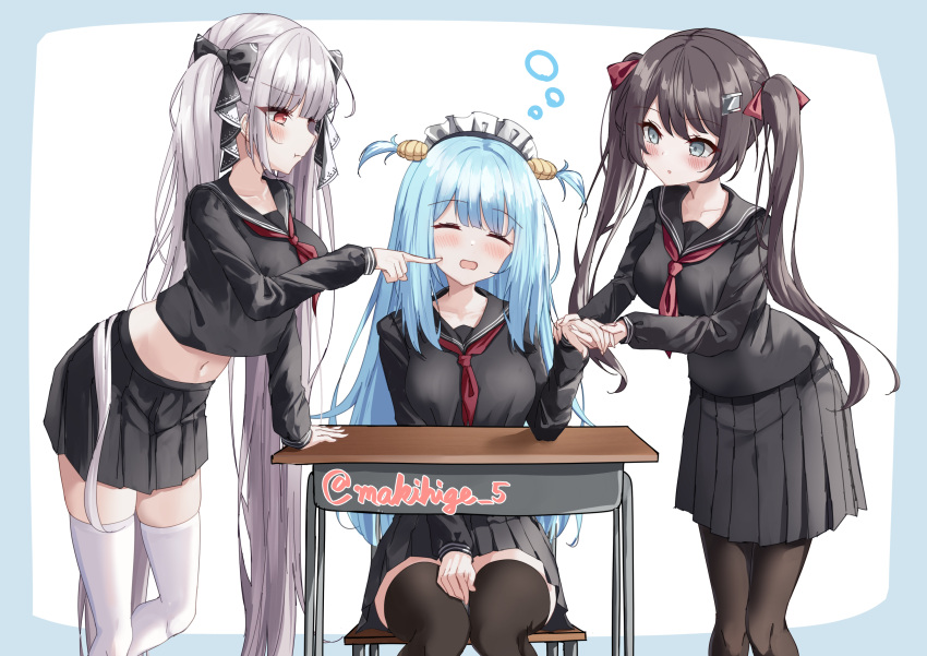 3girls, absurdres, artist_name, azur_lane, black_pantyhose, black_ribbon, black_sailor_collar, black_skirt