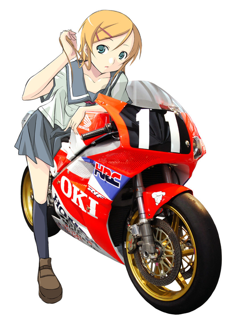 blue_eyes, honda, kousaka_kirino, legs, long_hair, motor_vehicle, motorcycle, ore_no_imouto_ga_konna_ni_kawaii_wake_ga_nai