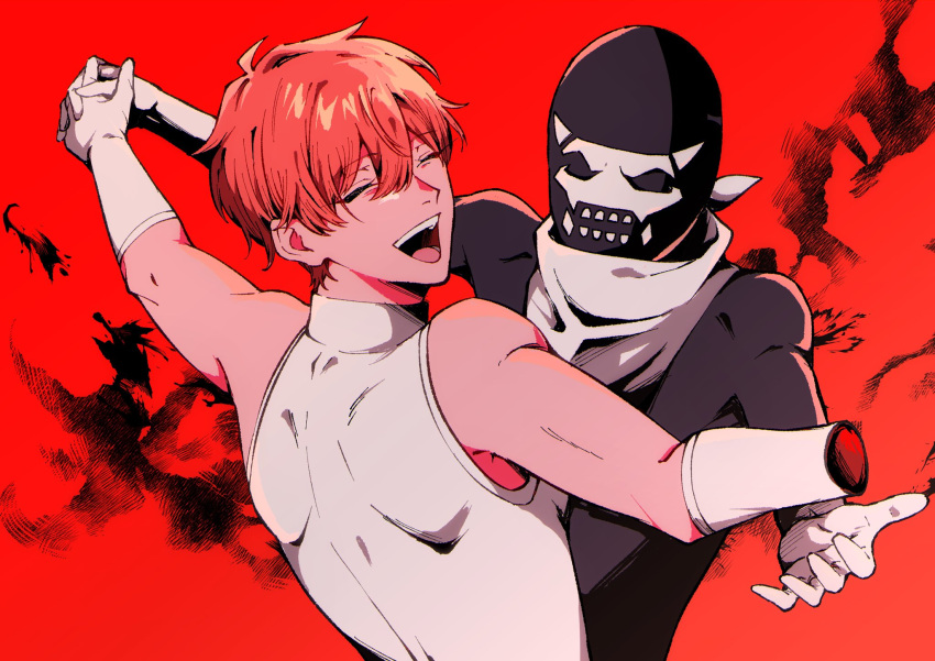 2boys, amputee, bandana, bodysuit, closed_eyes, dancing, eyelashes, gloves