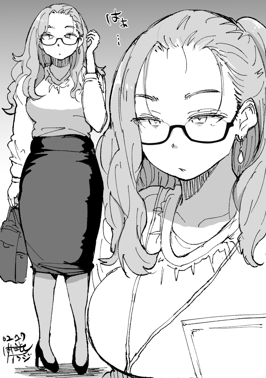 1girl, absurdres, bag, dated, earrings, glasses, gradient_background, greyscale