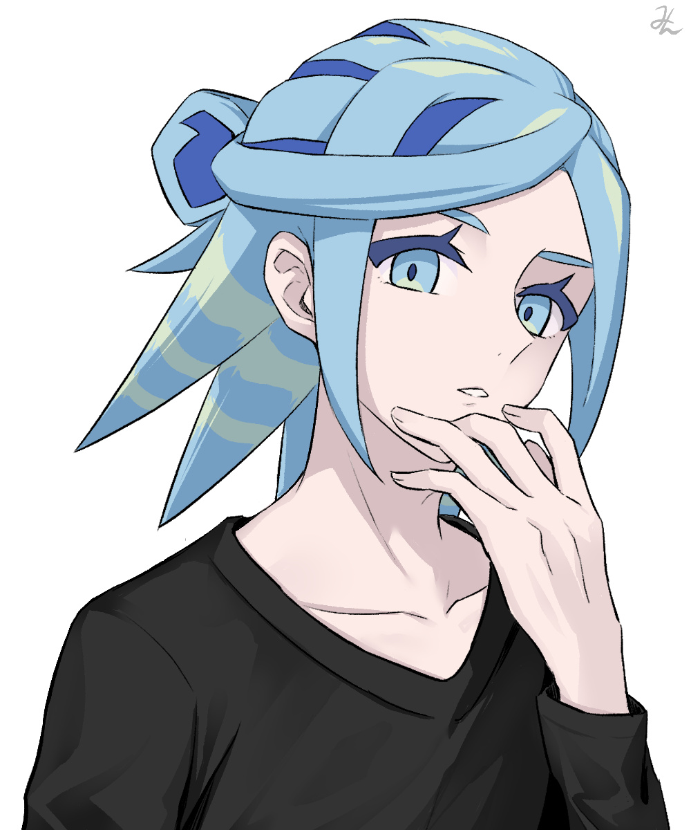 1boy, alternate_costume, black_shirt, blue_eyes, blue_hair, collarbone, eyelashes, grusha_(pokemon)