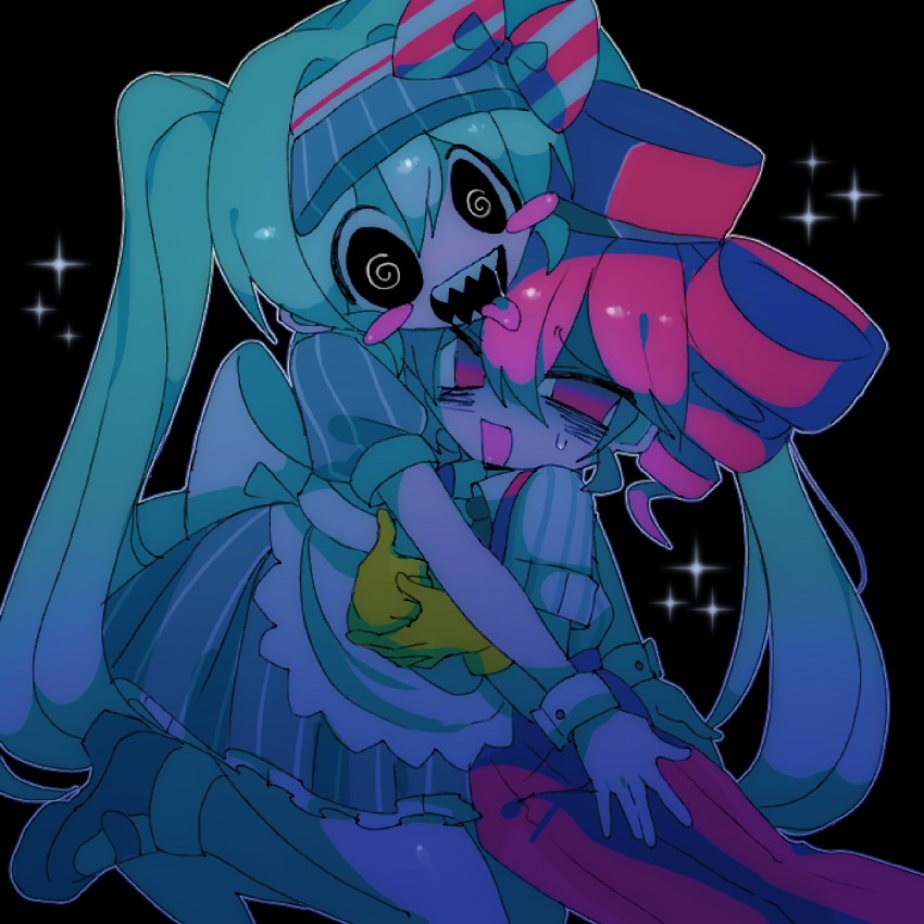 2girls, @_@, aqua_hair, bags_under_eyes, black_background, black_eyes, black_mouth, blue_dress, blue_footwear, blue_hat, bow, candyseru, crazy_eyes, crazy_smile, dress, gloves, hair_between_eyes, hair_intakes, hat, hat_bow, highres, hug, kasane_teto, looking_at_viewer, mesmerizer_(vocaloid), multiple_girls, open_mouth, outline, pants, pink_eyes, pink_hair, pink_hat, pink_pants, pink_suspenders, pinstripe_dress, pinstripe_hat, pinstripe_pattern, puffy_short_sleeves, puffy_sleeves, saliva, sharp_teeth, shirt, short_sleeves, sidelocks, simple_background, small_sweatdrop, smile, sparkle, striped_bow, striped_clothes, striped_dress, striped_headwear, teeth, twintails, utau, vertical-striped_clothes, vertical-striped_dress, vertical-striped_headwear, visor_cap, vocaloid, white_bow, white_outline, white_shirt, yellow_gloves, yuri