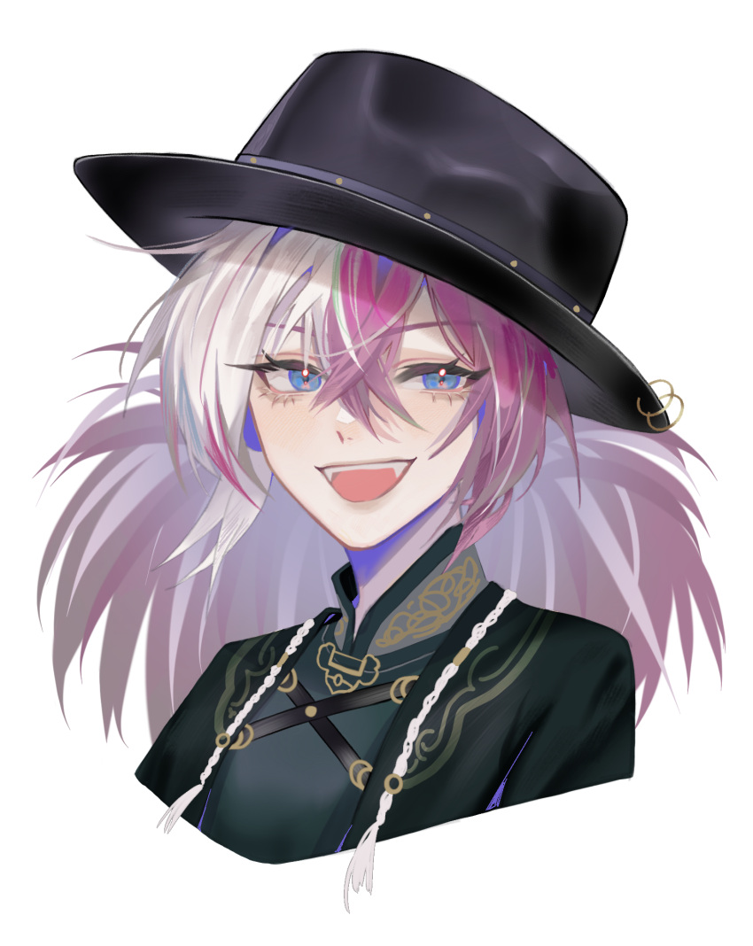 1girl, black_hanfu, black_hat, blue_eyes, chaoji_shuihouzi, chinese_clothes, chinese_commentary, commentary, cropped_torso, dudu_(path_to_nowhere), hat, highres, looking_at_viewer, multicolored_hair, official_alternate_costume, path_to_nowhere, pink_hair, print_shirt, shirt, simple_background, smile, solo, teeth, two-tone_hair, upper_body, upper_teeth_only, white_background, white_hair