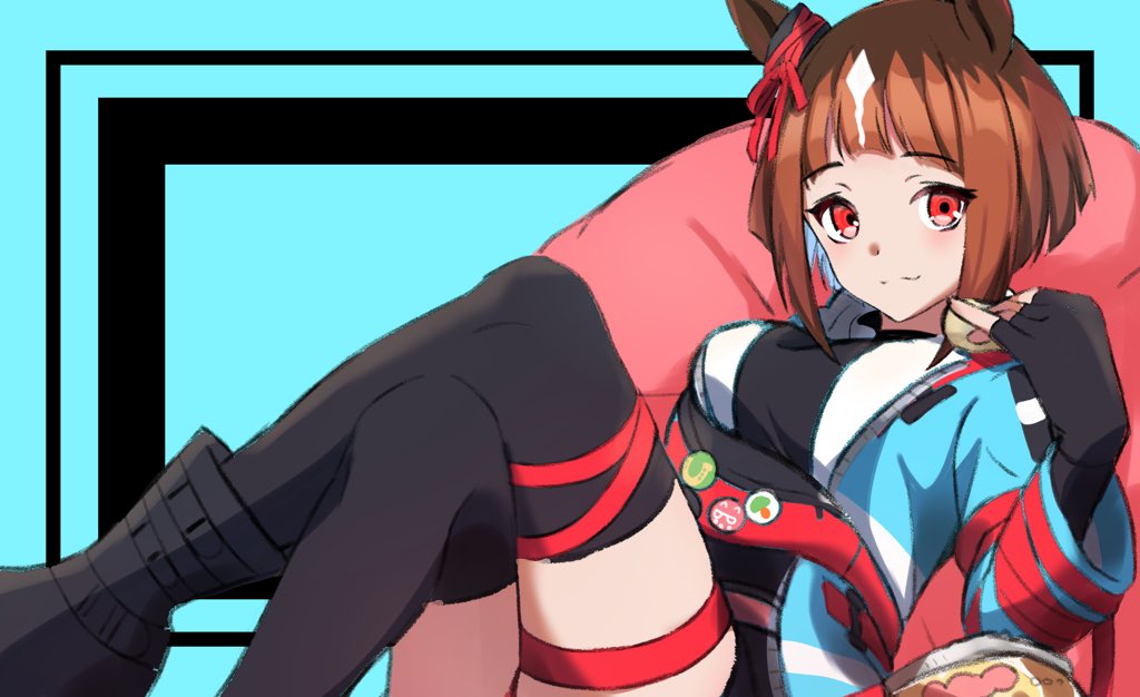 :3, animal_ears, aqua_coat, badge, bean_bag_chair, black_thighhighs, bob_cut, button_badge
