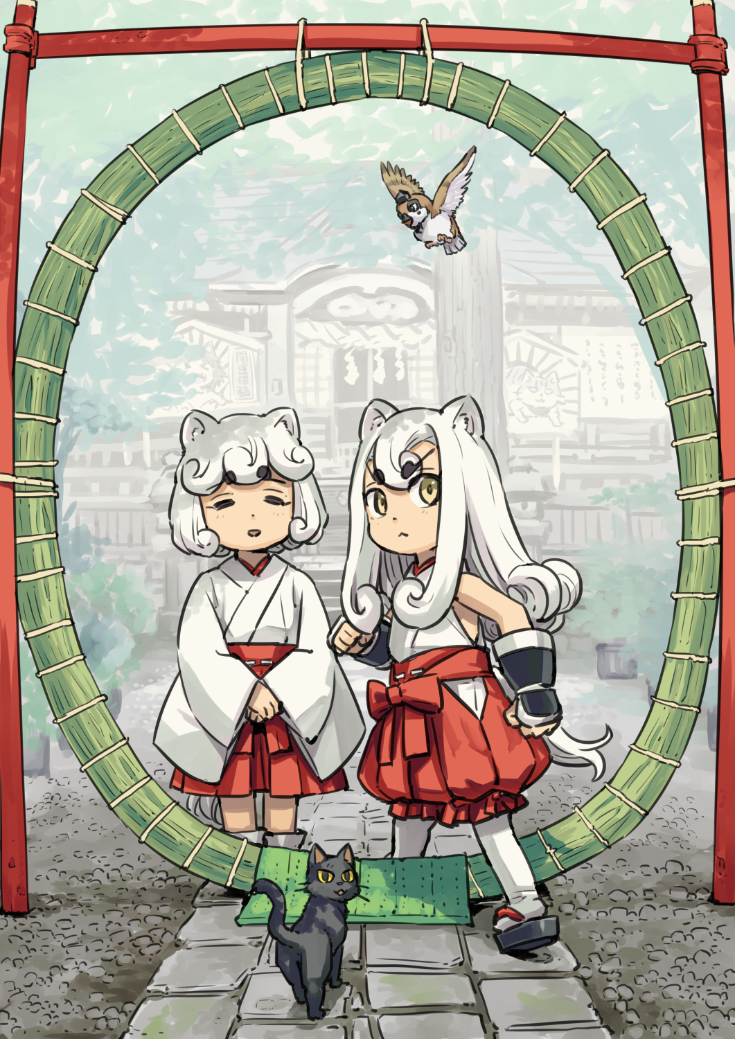 1boy, 1girl, :<, =_=, animal_ears, armor, bird, bob_cut, brother_and_sister, cat, chinowa, chinowa_kuguri, clenched_hands, commentary_request, curly_hair, day, flipped_hair, foliage, full_body, hakama, hakama_shorts, highres, hikimayu, hip_vent, ike_(altitude_attitude), japanese_armor, japanese_clothes, kimono, koma_(neko_musume_michikusa_nikki), komainu_ears, komainu_tail, kote, kurona_(neko_musume_michikusa_nikki), light_blush, long_hair, looking_at_viewer, miko, multiple_girls, neko_musume_michikusa_nikki, okobo, open_mouth, otoko_no_ko, outdoors, own_hands_together, puffy_shorts, red_hakama, sandals, shinto, shishimaru_(neko_musume_michikusa_nikki), short_hair, shorts, shrine, siblings, sidelocks, sidestep, skirt, sleeveless, sleeveless_kimono, smile, socks, sparrow, tail, thigh-highs, v-shaped_eyebrows, v_arms, white_hair, white_kimono, white_socks, white_thighhighs, wide_sleeves, yellow_eyes