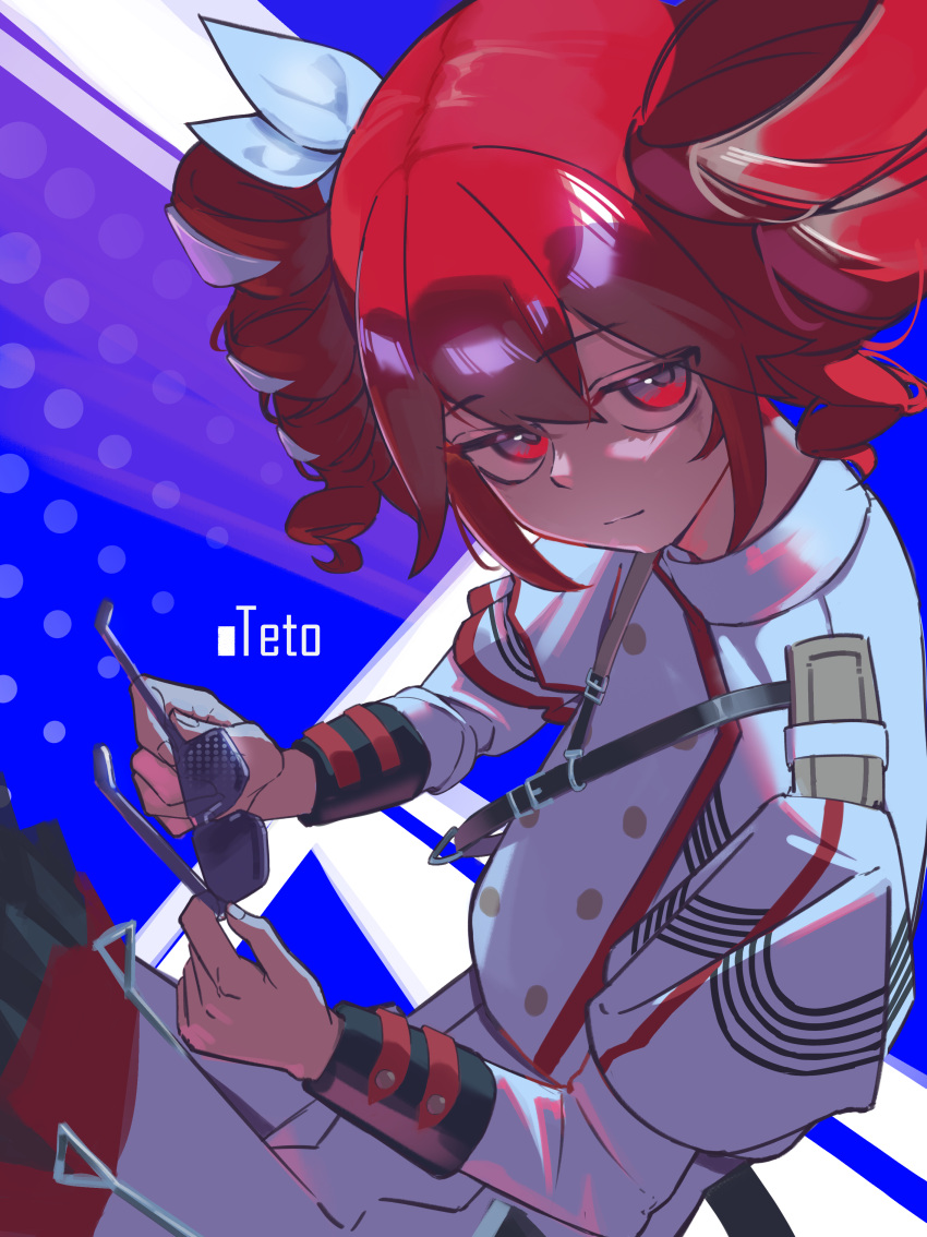 1girl, absurdres, ae_h1ryu, ahoge, buttons, character_name, closed_mouth, commentary, double-breasted, drill_hair, hair_between_eyes, hair_ribbon, highres, holding, holding_removed_eyewear, jacket, kasane_teto, kasane_teto_(sv), long_sleeves, pleated_skirt, red_eyes, red_trim, redhead, ribbon, sanpaku, sitting, skirt, sleeve_cuffs, solo, sunglasses, synthesizer_v, twin_drills, unworn_eyewear, utau, white_jacket, white_ribbon, white_skirt