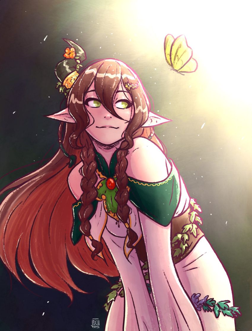 1girl, 2024, bare_shoulders, bell_mimieux, braid, brown_corset, brown_hair, bug