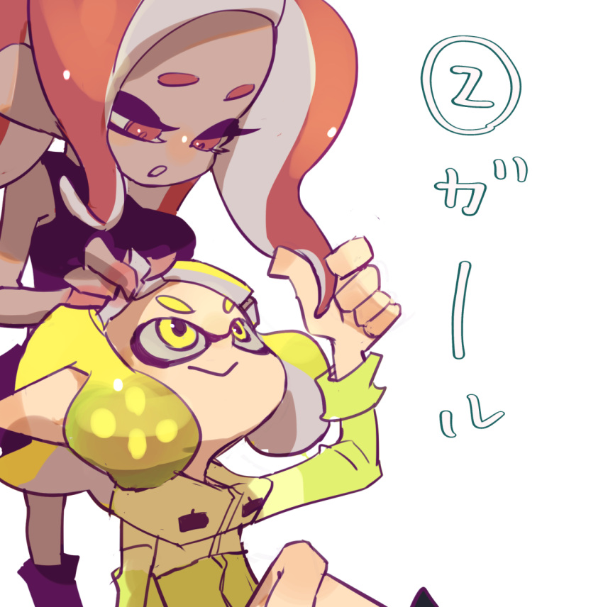 2girls, :>, :o, agent_4_(splatoon), agent_8_(splatoon), blonde_hair, closed_mouth, dark-skinned_female