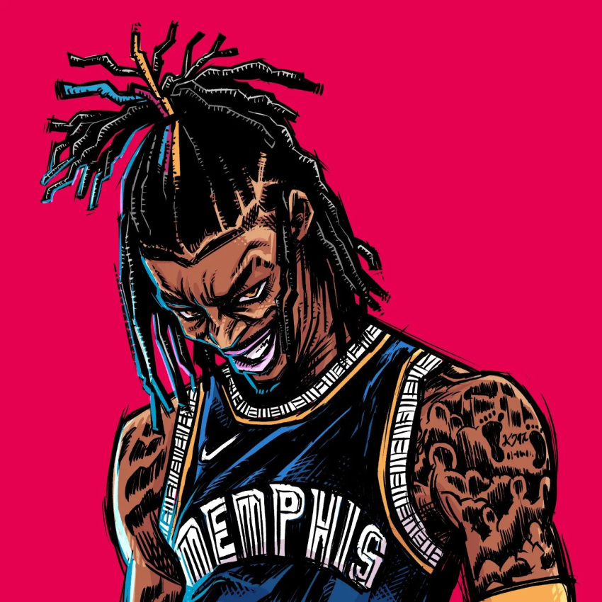 1boy, basketball_jersey, basketball_uniform, black_facial_hair, dark_skin, highres, ja_morant, jersey