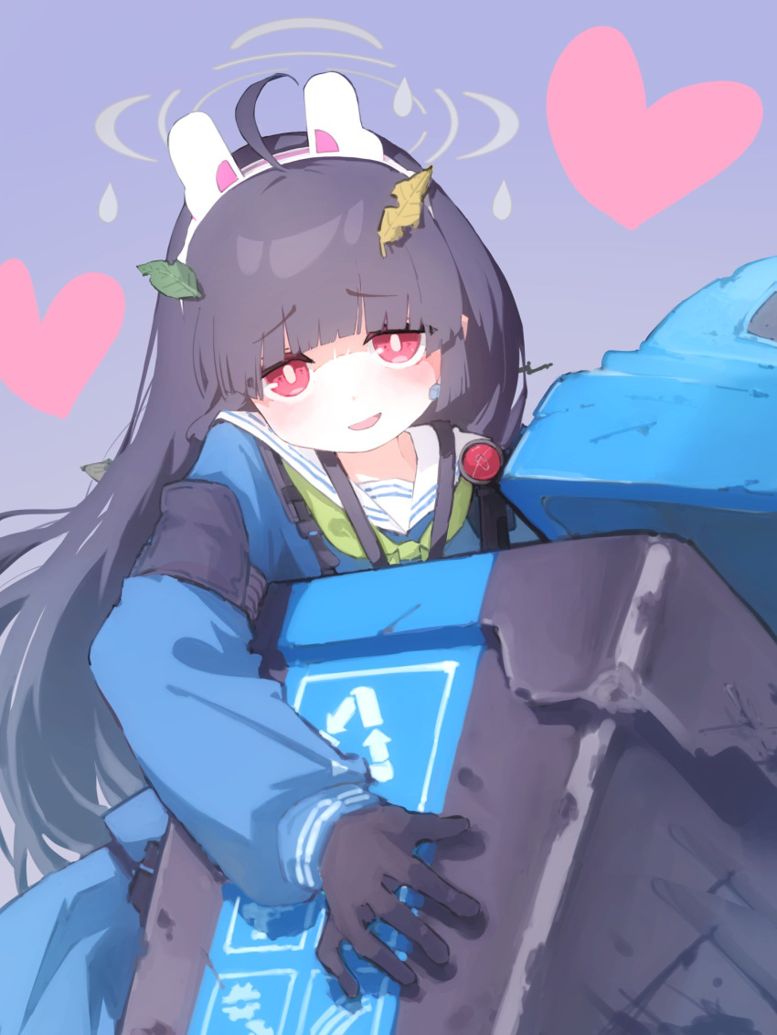 1girl, ahoge, animal_ears, atsubakutaro, black_gloves, black_hair, blue_archive, blue_shirt, blunt_bangs, bright_pupils, fake_animal_ears, gloves, green_neckerchief, heart, highres, holding_trash_can, leaf, leaf_on_head, long_hair, long_sleeves, looking_at_viewer, miyu_(blue_archive), neckerchief, open_mouth, rabbit_ears, red_eyes, shirt, smile, solo, trash_can, white_pupils