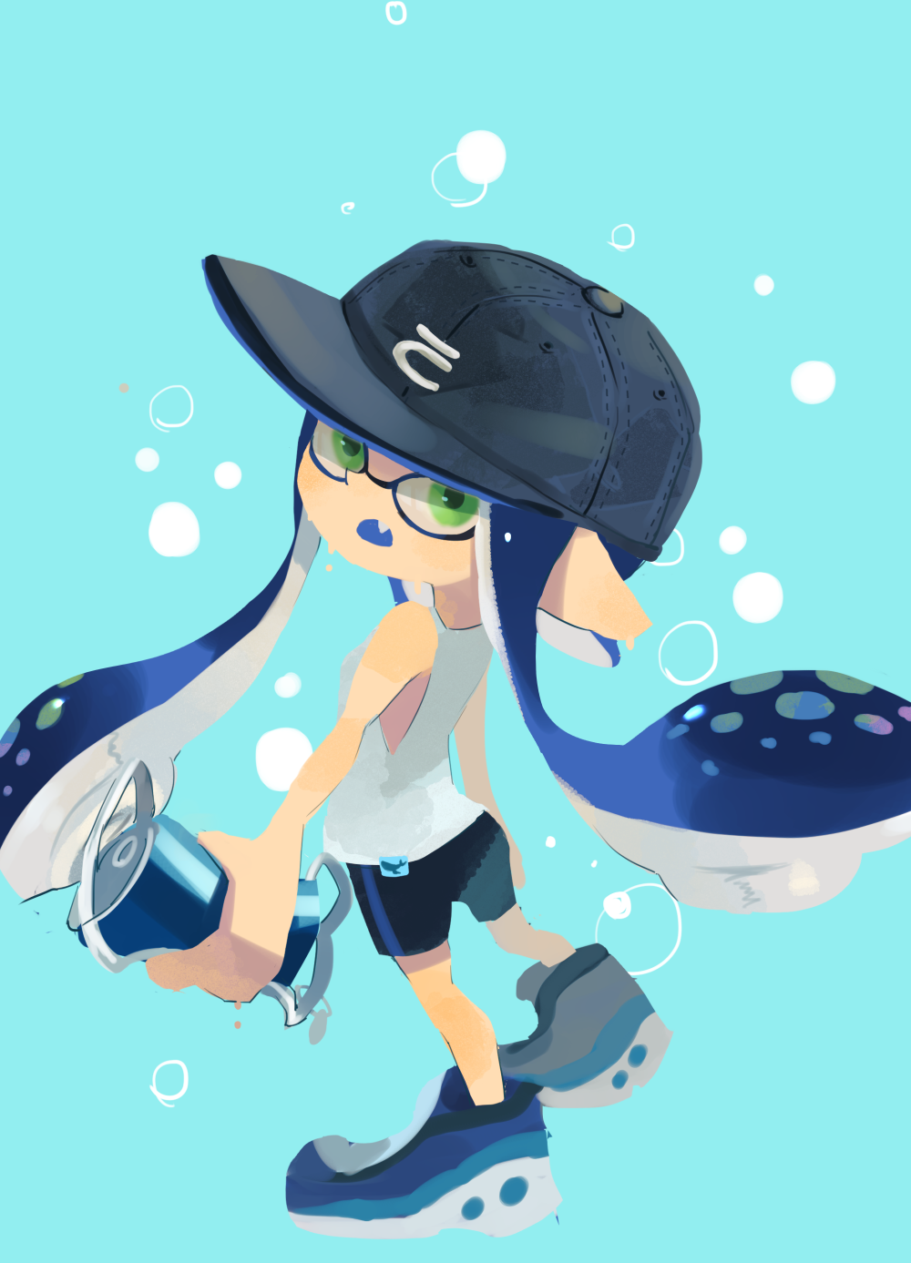 1girl, baseball_cap, bike_shorts, black_hat, black_shorts, blue_footwear, blue_hair, d: