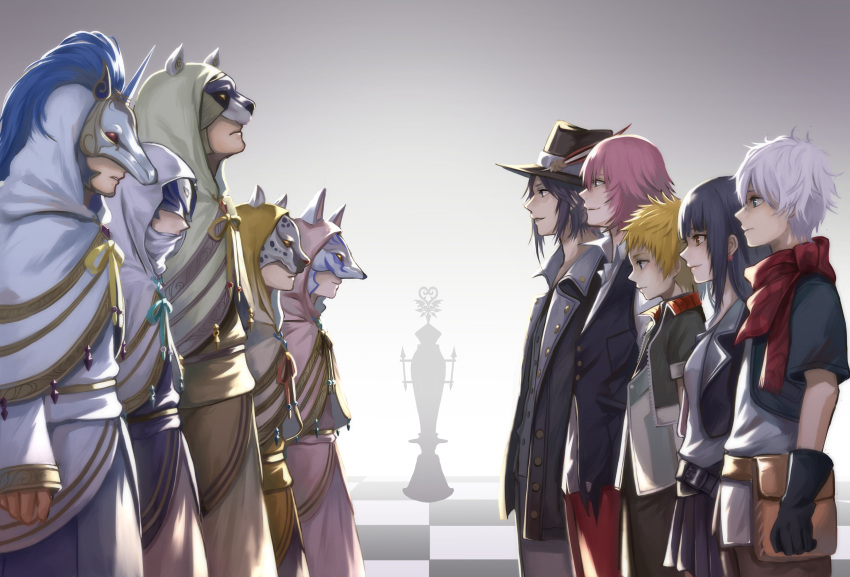 3girls, 6+boys, aced_(kingdom_hearts), animal_ears, ava_(kingdom_hearts), bear_ears, bear_mask, black_coat