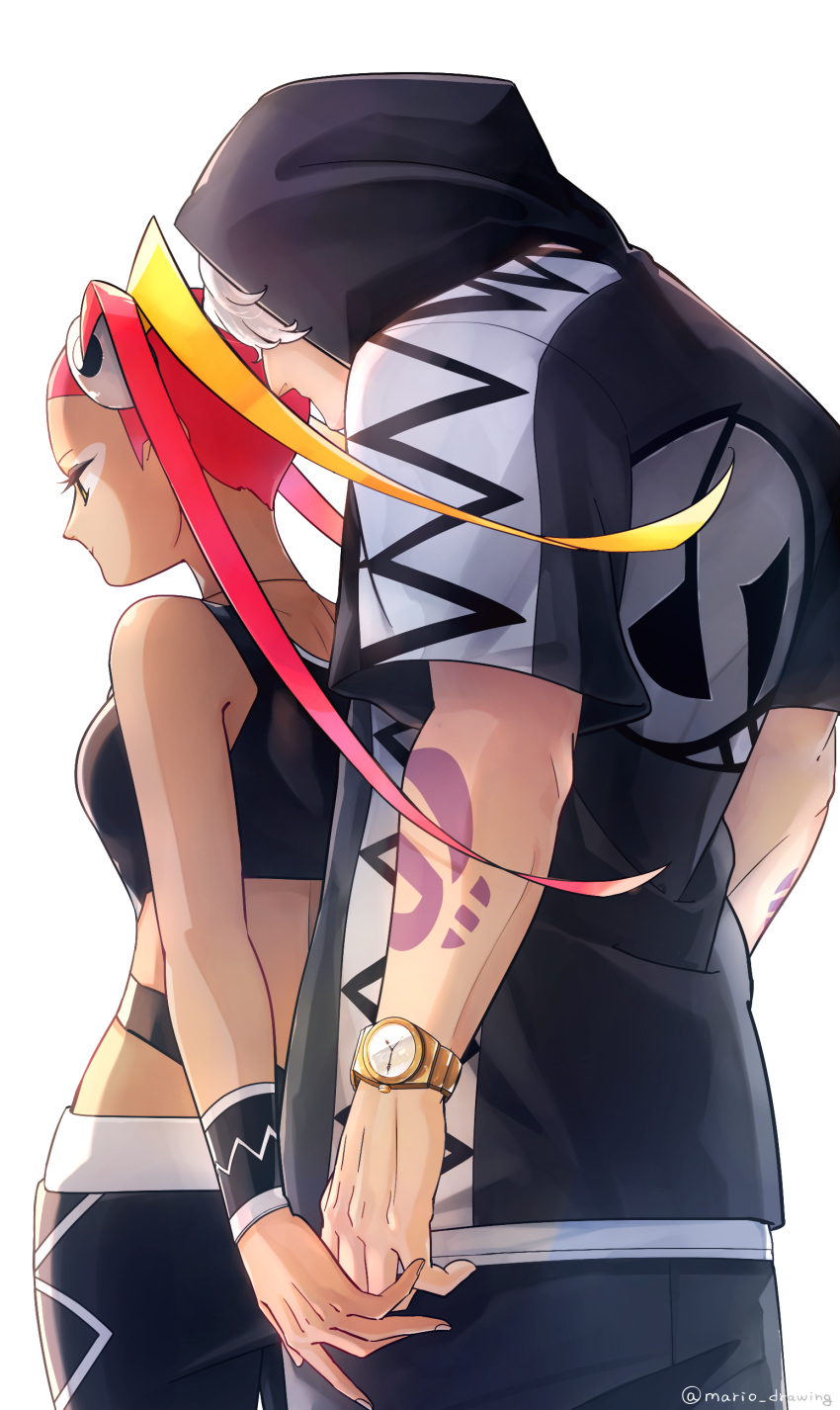 1boy, 1girl, absurdres, arm_tattoo, backlighting, crop_top, dark_skin, eyelashes
