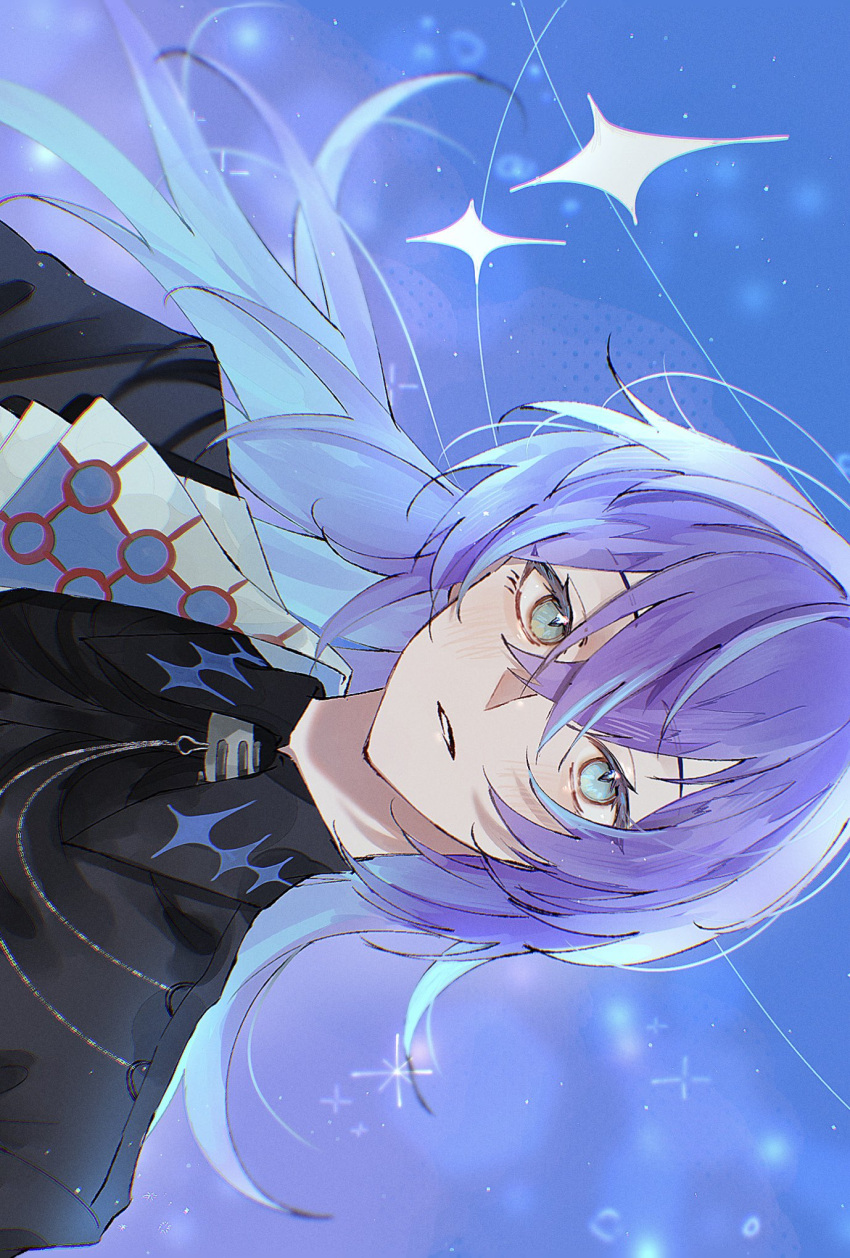 1boy, aqua_eyes, aqua_hair, black_shirt, blue_background, collared_shirt, floating_hair, gradient_hair