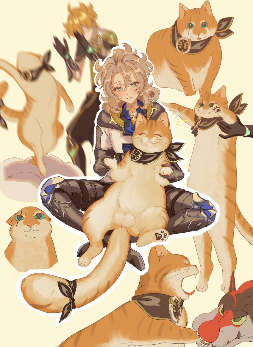 2boys, aether_(genshin_impact), ahoge, albedo_(genshin_impact), animal, animal_ears, animal_nose, armor, blonde_hair, blue_eyes, blue_shirt, blush, boin_burin, boots, braid, brown_footwear, brown_gloves, brown_pants, brown_scarf, brown_shirt, cat, cat_ears, cat_tail, closed_eyes, closed_mouth, collarbone, commentary_request, dragon, dragon_horns, faceless, faceless_male, fang, fangs, gem, genshin_impact, gloves, gold_trim, hair_between_eyes, hands_up, highres, holding, holding_animal, hood, hoodie, horns, light_brown_hair, long_hair, longcat_(meme), looking_at_another, looking_at_viewer, mandarin_collar, meme, multiple_boys, orange_fur, orange_gemstone, pants, scar, scar_across_eye, scar_on_neck, scarf, shirt, short_hair, short_sleeves, shoulder_armor, simple_background, sitting, smile, tail, teeth, tongue, tongue_out, vision_(genshin_impact), white_hoodie, white_scarf, yellow_background
