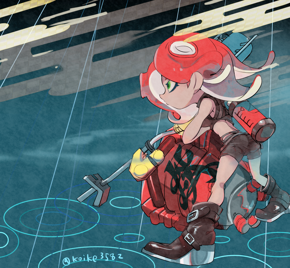 1girl, agent_8_(splatoon), belt, bike_shorts, black_belt, black_shirt, black_shorts, crop_top