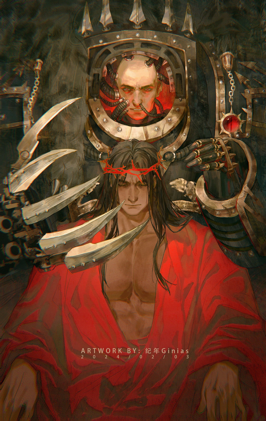 2boys, absurdres, armor, artist_name, bald, black_armor, black_hair, chaos_(warhammer)