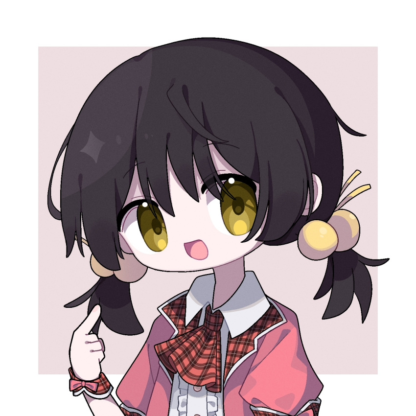 1girl, ascot, black_hair, border, buttons, chibi, collared_dress, commentary