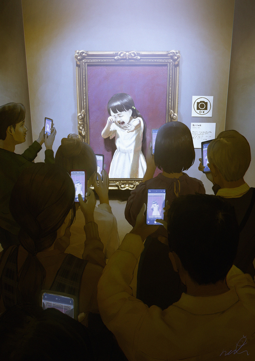 3boys, 4girls, abstract, art_gallery, black_hair, blonde_hair, braid, cellphone