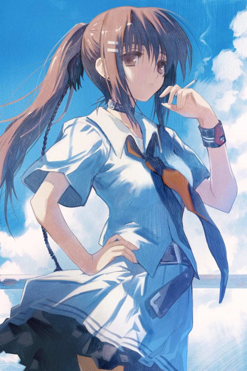 1girl, absurdres, belt, brown_eyes, brown_hair, choker, cigarette, clouds