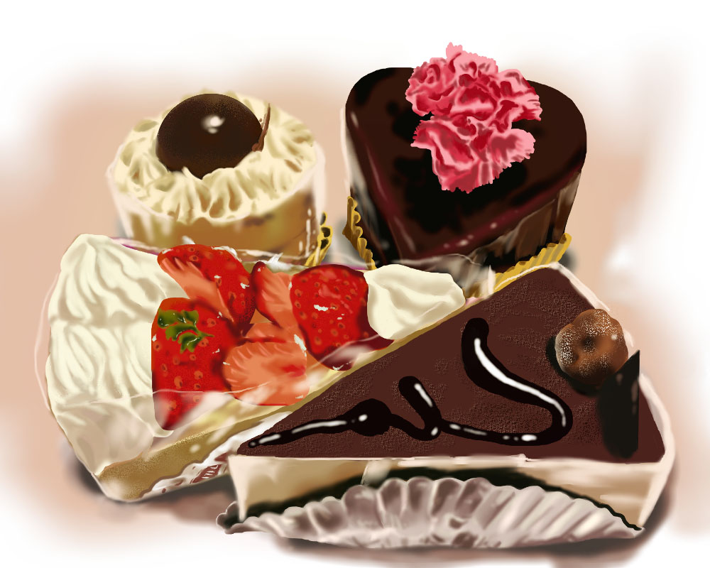 cake, chocolate_cake, food, food_focus, fruit, no_humans, original, sakurashio_(coolmoon)