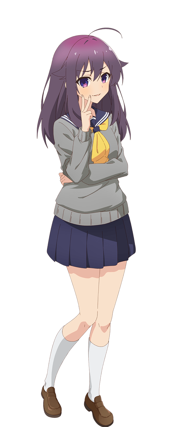 1girl, ahoge, arm_under_breasts, artist_request, blue_sailor_collar, blue_skirt, brown_footwear, collared_shirt, full_body, grey_sweater, hair_flaps, hand_up, highres, koshi_anko_(shikanoko), light_blush, loafers, long_hair, long_sleeves, looking_at_viewer, neckerchief, official_art, parted_lips, promotional_art, purple_hair, sailor_collar, school_uniform, serafuku, shikanoko_nokonoko_koshitantan, shirt, shoes, skirt, smile, socks, solo, standing, sweater, tachi-e, transparent_background, v, violet_eyes, white_socks, yellow_neckerchief