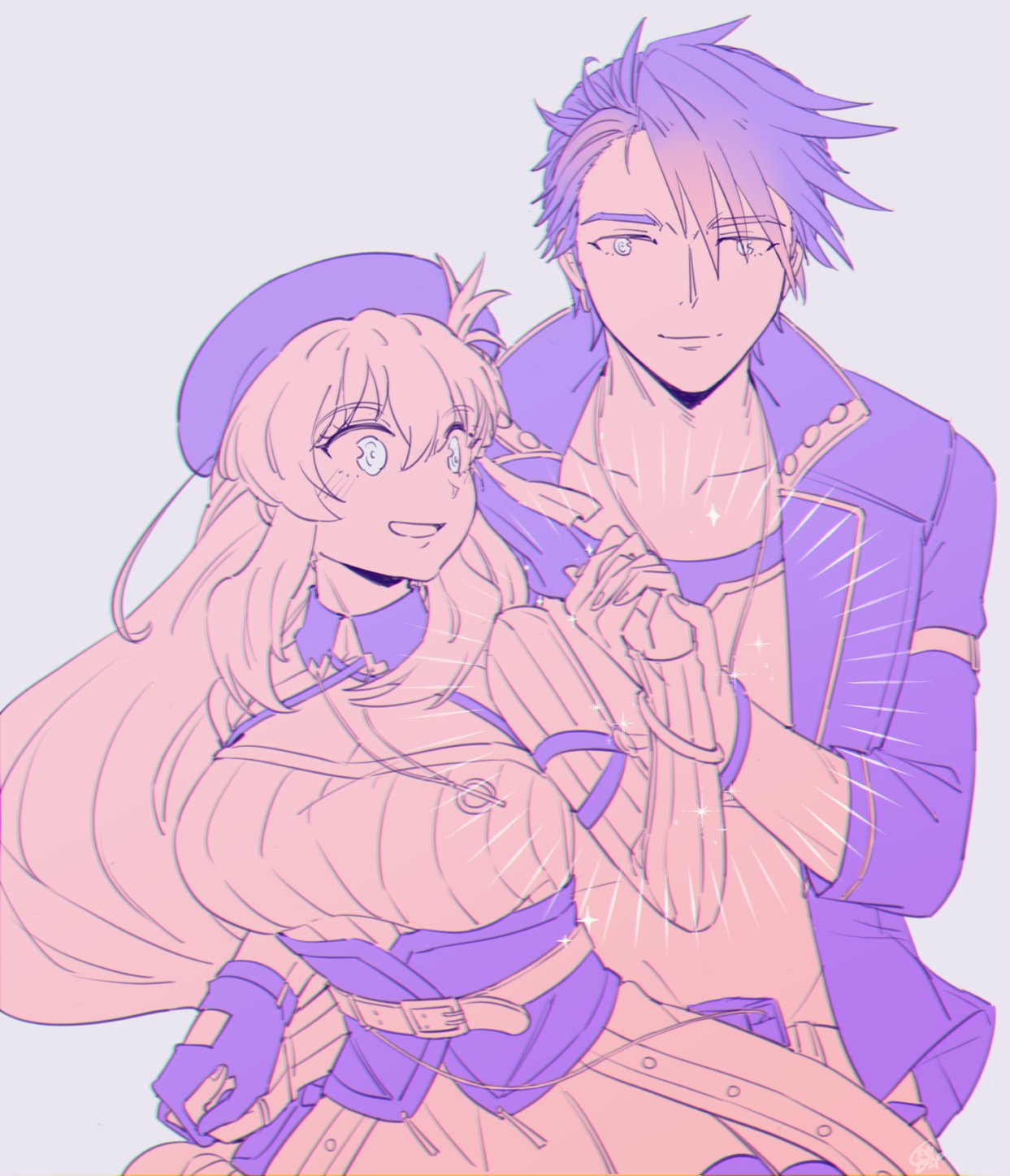 1boy, 1girl, agnes_claudel, blue_eyes, blush, breasts, cleavage_cutout, clothing_cutout